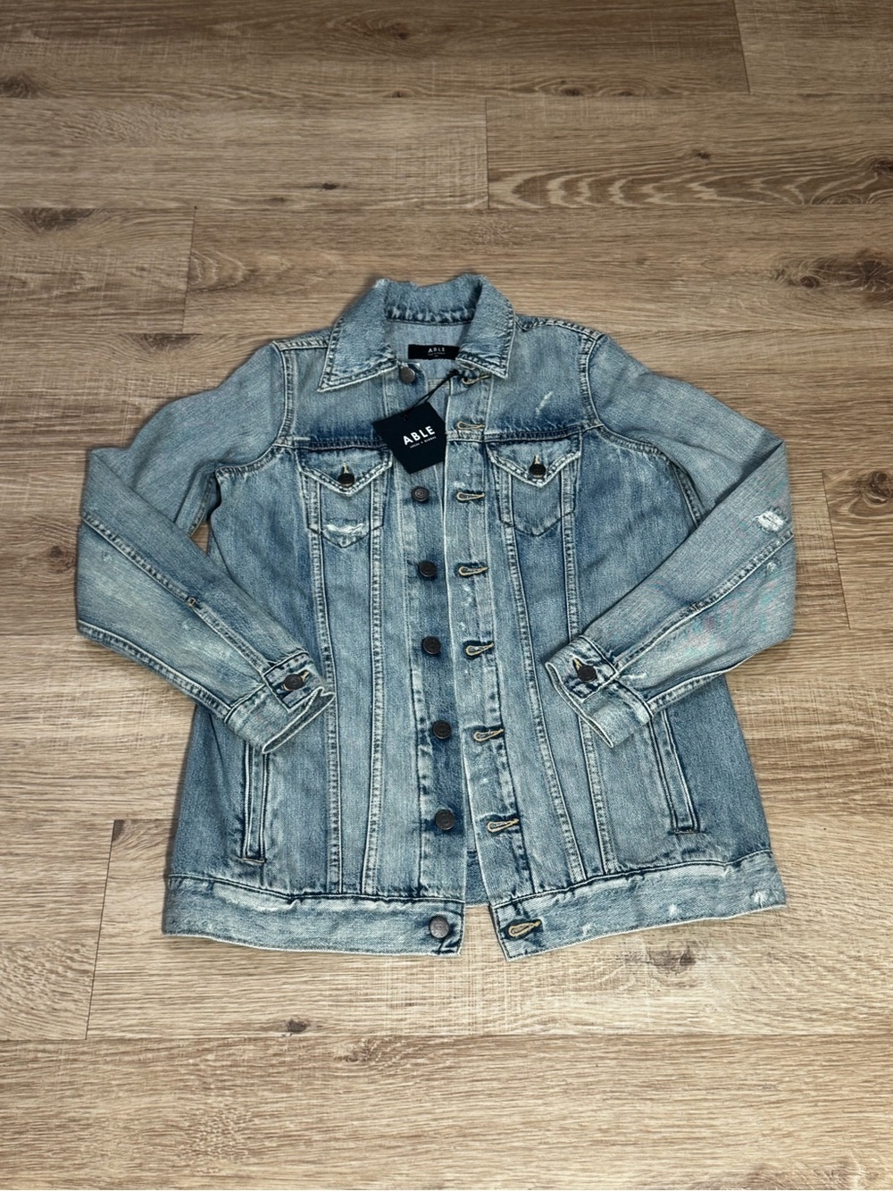 ABLE The Long Merly Denim Jacket XXS NWT Distressed Light Wash Trucker Jacket
